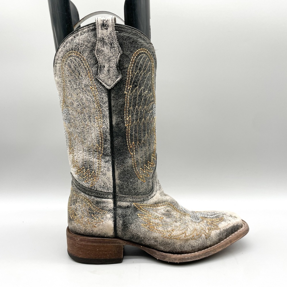 Corral Teens 4.5Y Distressed Western Boots White Black Cross Wings Square Toe